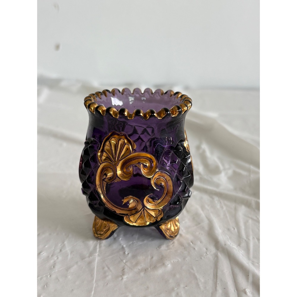 Vintage Amethyst Purple Glass Toothpick Holder Gold Scroll Scalloped 3-Footed